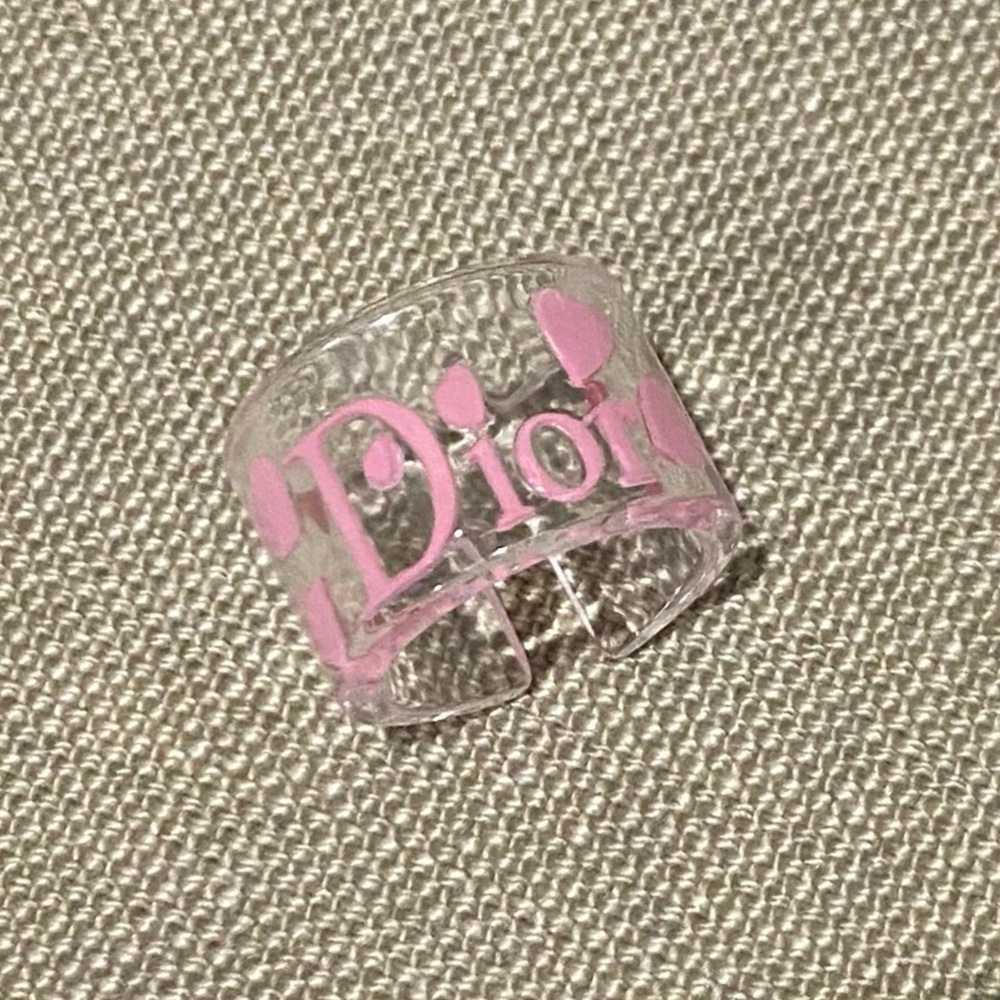 DIOR Lucite Ring Clear Pink Hearts Acrylic w Jewlery Pouch New Girly
